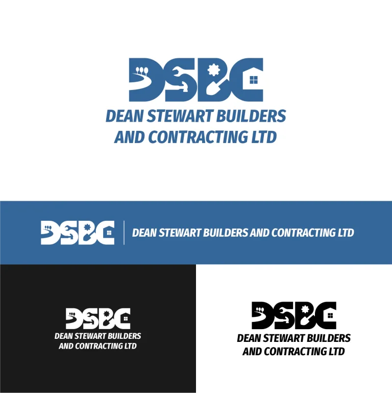 Графично представяне на лого за строителна компания с абревиатура DSBC, включващо инструменти и силует на къща.
