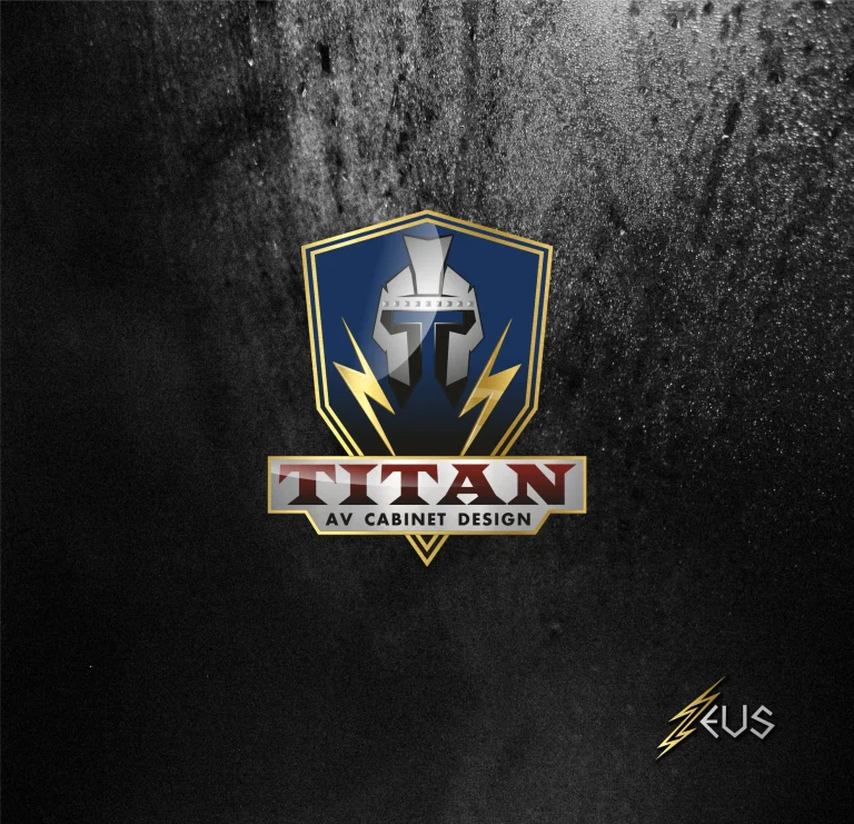 Графично лого с шлем и светкавици върху щит, включващо надпис TITAN AV CABINET DESIGN на тъмен текстуриран фон.