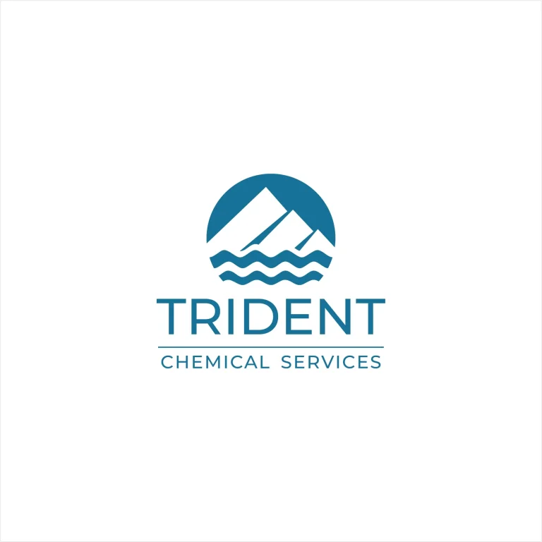 Графично лого с икона на планина и вълни в син цвят, придружено от надпис TRIDENT CHEMICAL SERVICES.