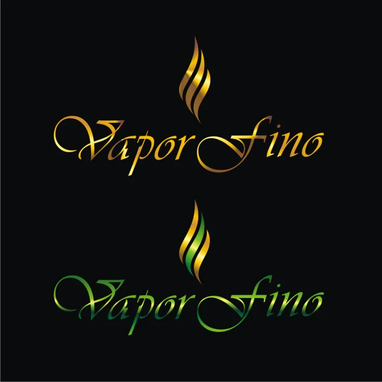 Два варианта на лого с надпис Vapor Fino и стилизиран пламък в златисти и зелени нюанси върху черен фон.