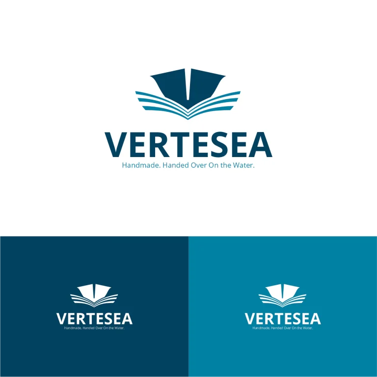 Графично лого с абстрактен символ на отворена книга или платноходка и надпис VERTESEA върху бял и цветен фон.