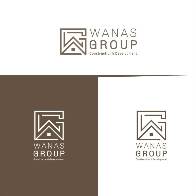 Графичен дизайн на лого за WANAS GROUP с линейна икона на къща в квадрат и типография на бял и кафяв фон.