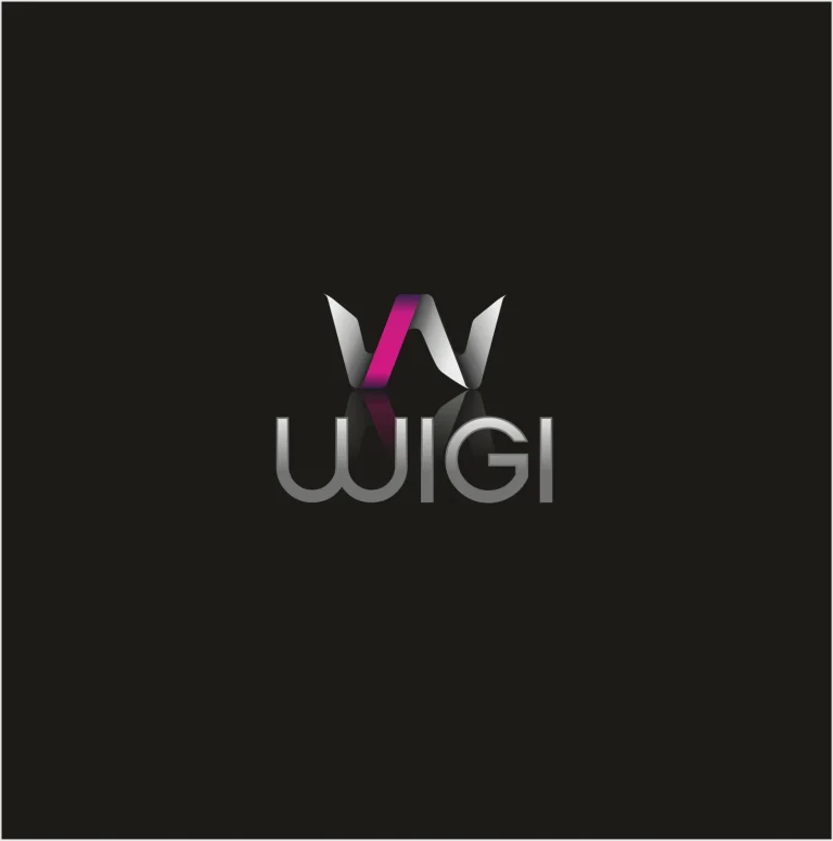 Графично лого с надпис WIGI и стилизиран символ във формата на буквата W с преливащи сиви и розови цветове.