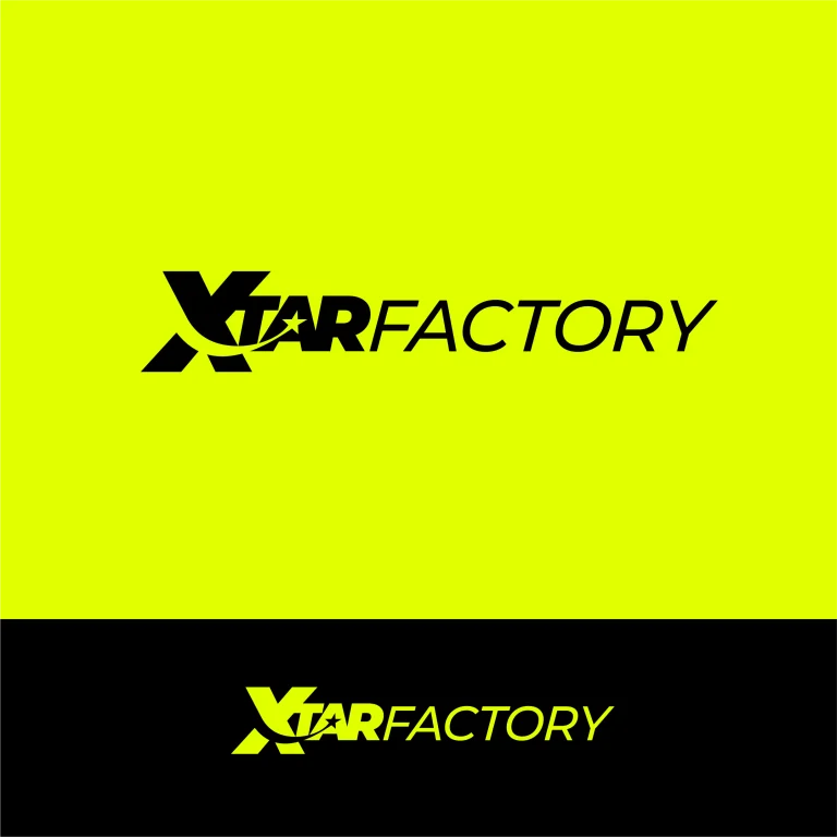 Графично лого с надпис XTARFACTORY, включващо стилизирана буква X със звезда и дъга върху неоново жълт и черен фон.