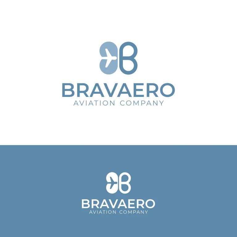 Графичен дизайн на лого за BRAVAERO, включващо стилизирана буква B със силует на самолет в сини нюанси.