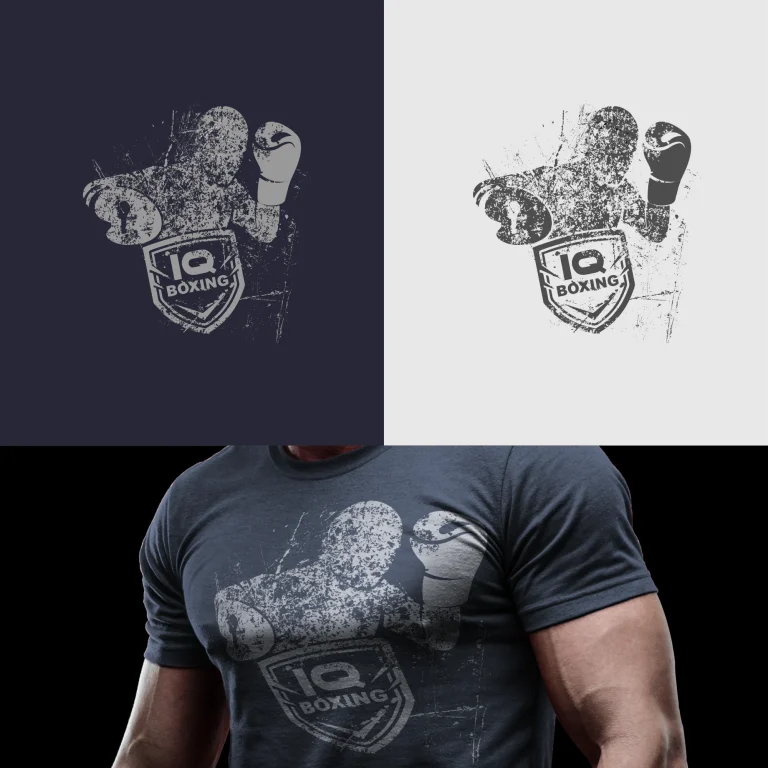 Графичен дизайн на лого с боксьор и щит с надпис IQ BOXING, показан върху тениска и в два цветови варианта.