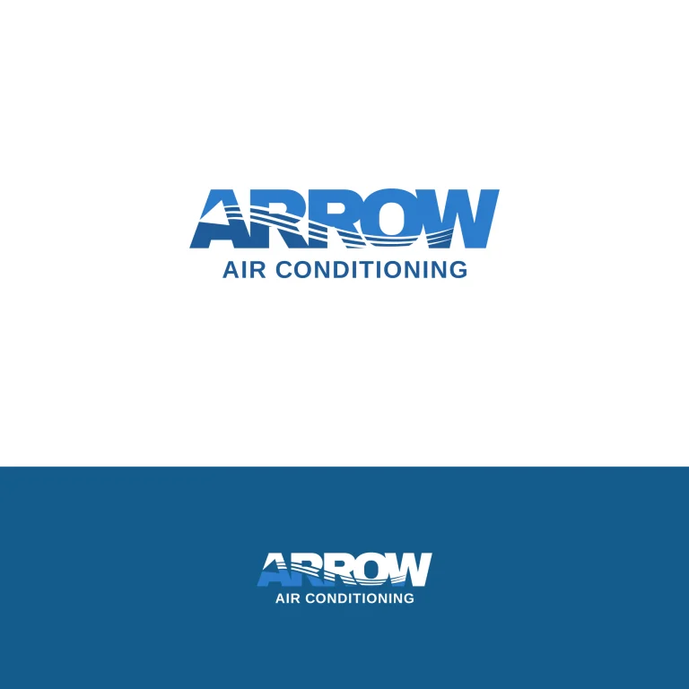 Графично лого с надпис ARROW AIR CONDITIONING в сини нюанси, представено върху бял и тъмносин фон.