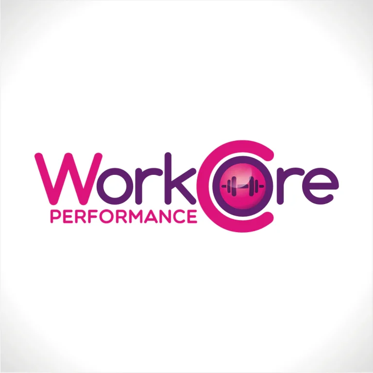 Графично лого с надпис WorkCore, включващо стилизирана гира в розова окръжност на бял фон.