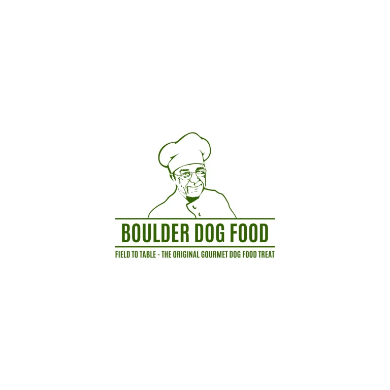 Графично лого в зелен цвят, изобразяващо готвач с шапка над надпис BOULDER DOG FOOD и допълнителен текст.