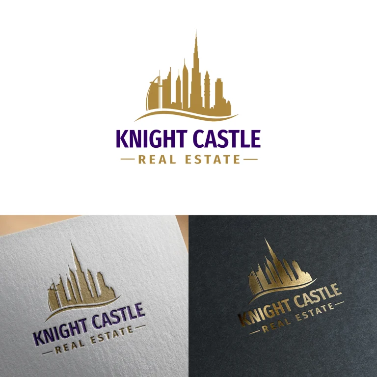Графичен дизайн на лого с градски силует в златисто и надпис KNIGHT CASTLE върху светла и тъмна текстурирана хартия.