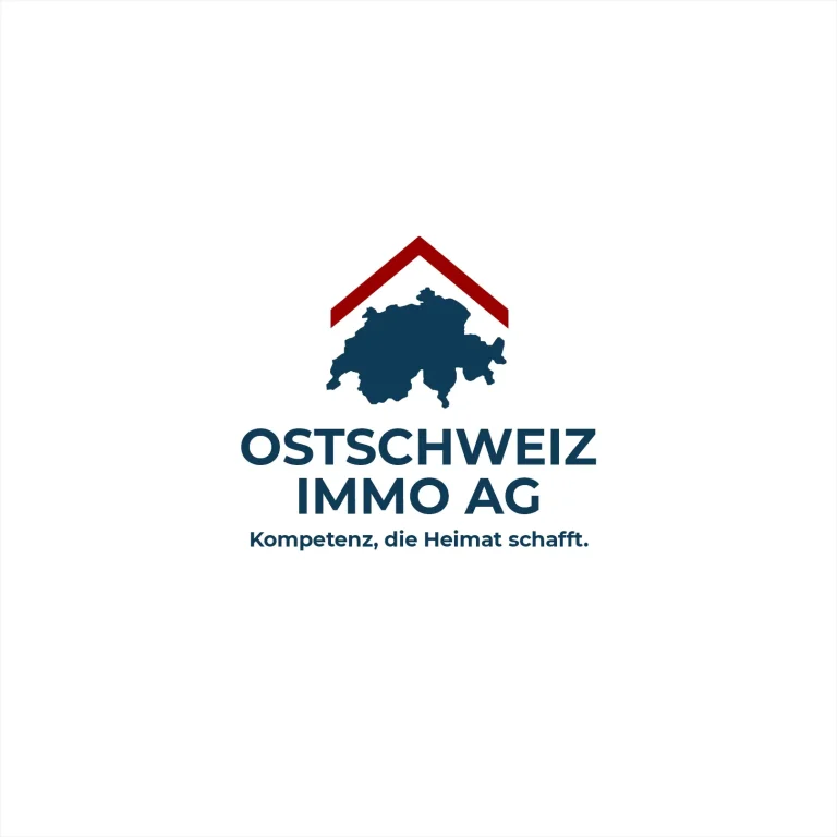 Графично лого с контур на Швейцария под червен покрив и текст OSTSCHWEIZ IMMO AG на бял фон.