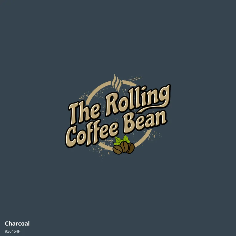 Графично лого с надпис The Rolling Coffee Bean, стилизирани кафени зърна и кръгъл елемент върху тъмен фон.