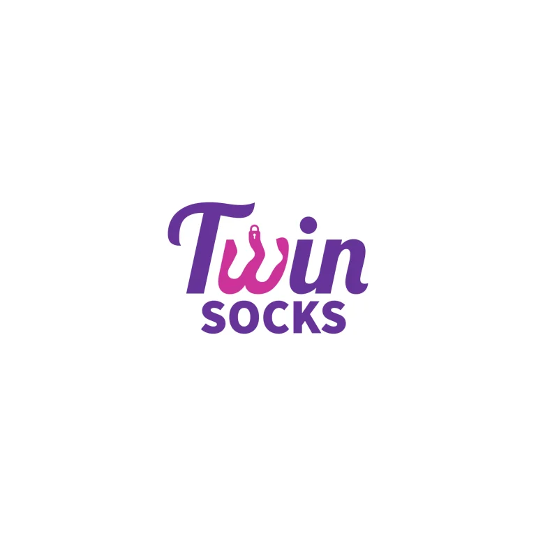 Графично лого с лилав надпис Twin Socks, в който буквата w е оформена като розов силует на чорап с малка икона на катинар.
