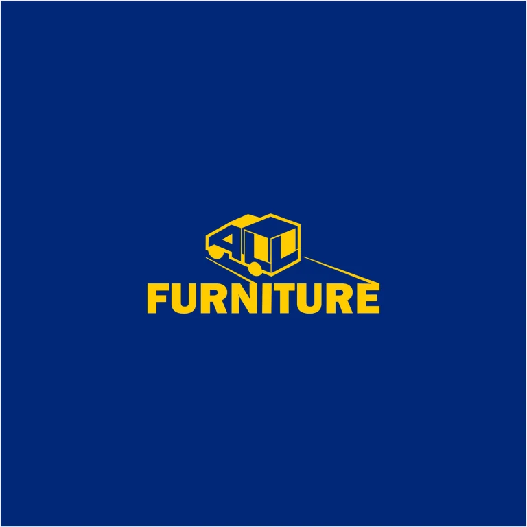 Жълто лого с надпис ALL FURNITURE, стилизирано като камион за превоз на мебели върху тъмносин фон.