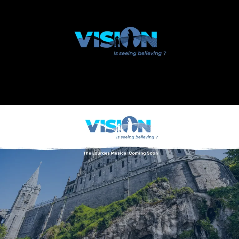 Графичен дизайн на лого с надпис Vision, включващо силует на фигура, поставено над снимка на каменна сграда с кула.