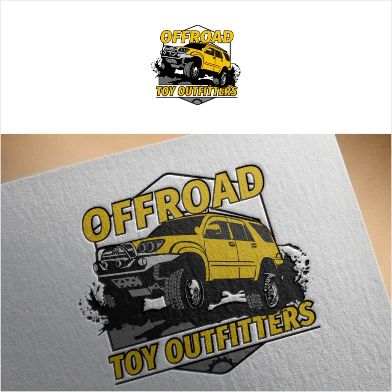 Графичен дизайн на лого с жълт всъдеход и надпис Offroad Toy Outfitters върху текстурирана хартиена повърхност.