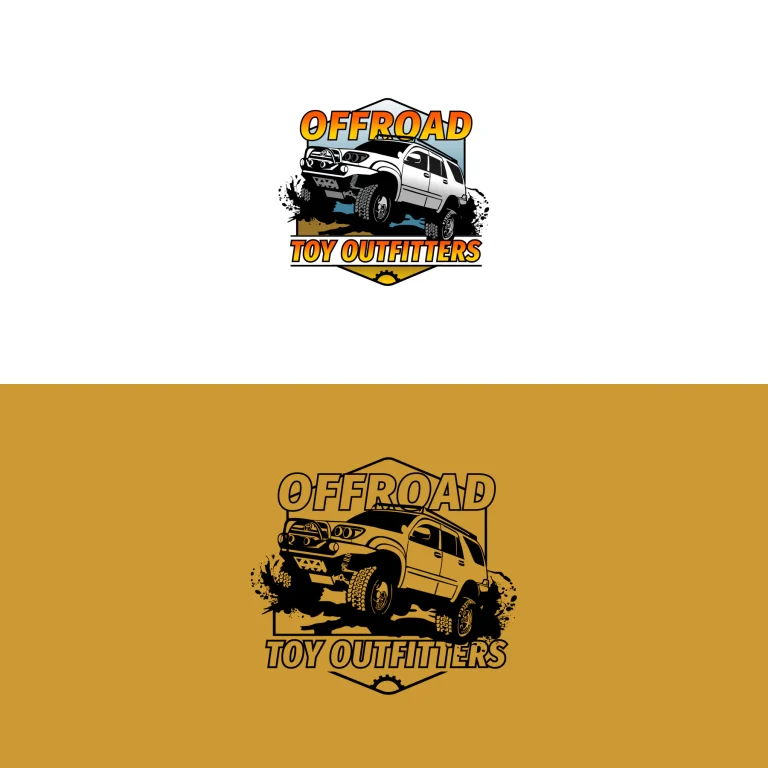 Лого дизайн с илюстрация на джип в кал и текст OFFROAD TOY OUTFITTERS, представен в цветен и едноцветен вариант.