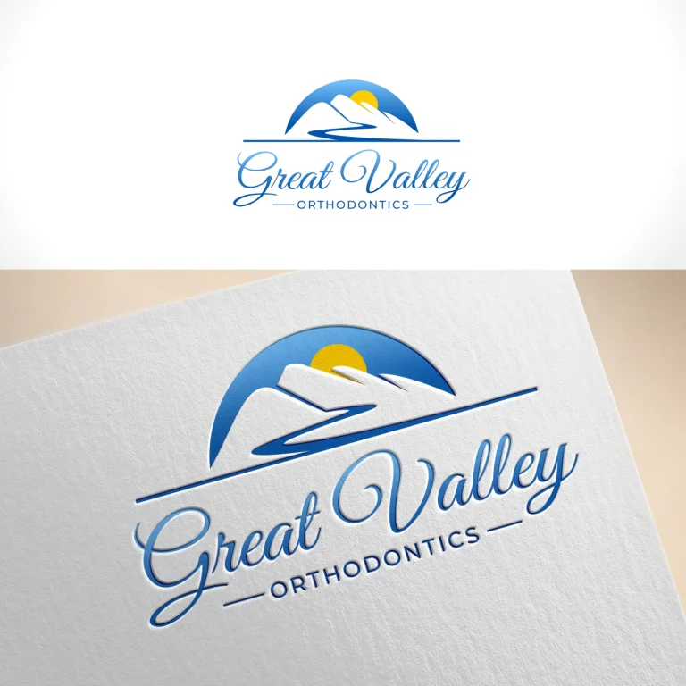 Дигитален макет на лого с планини и слънце за Great Valley Orthodontics, представено с релефен ефект върху хартия.