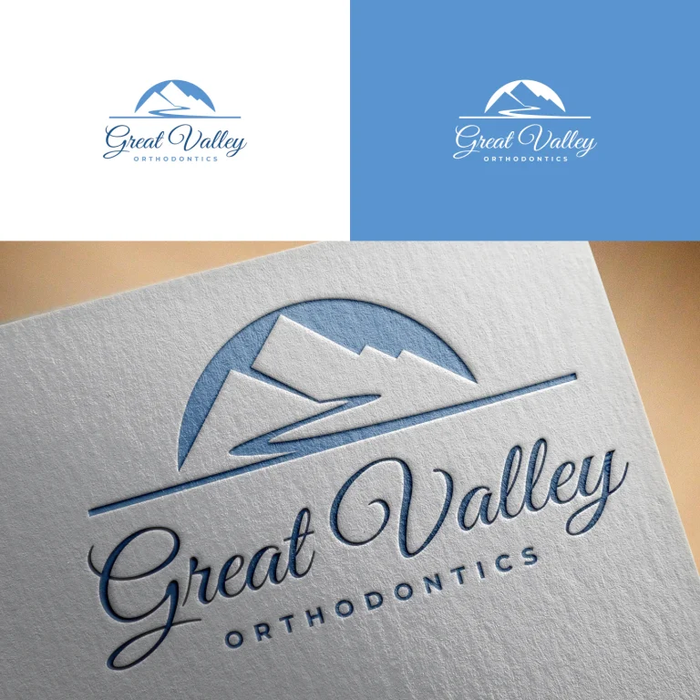 Графичен дизайн на лого с планина и надпис Great Valley Orthodontics, представено като 3D релеф върху текстурирана хартия.