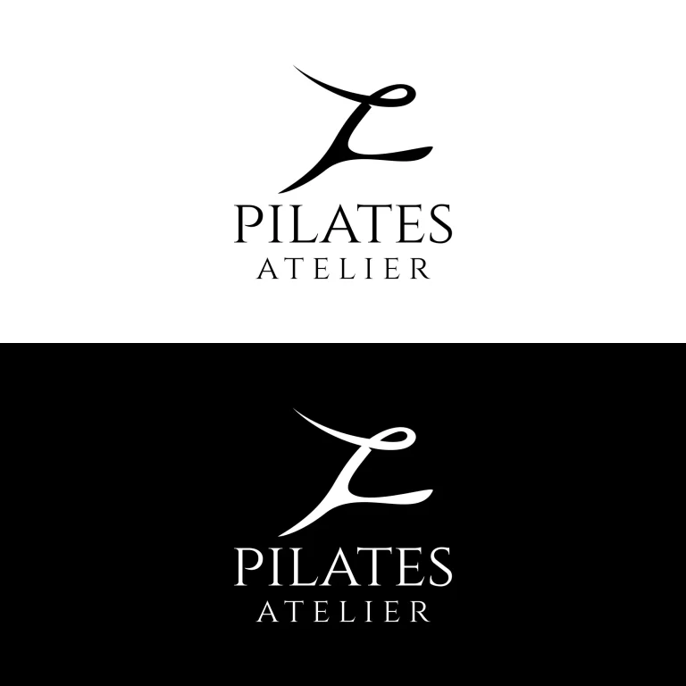 Минималистично лого с абстрактен символ и надпис Pilates Atelier, представено в черно-бял и бяло-черен вариант.