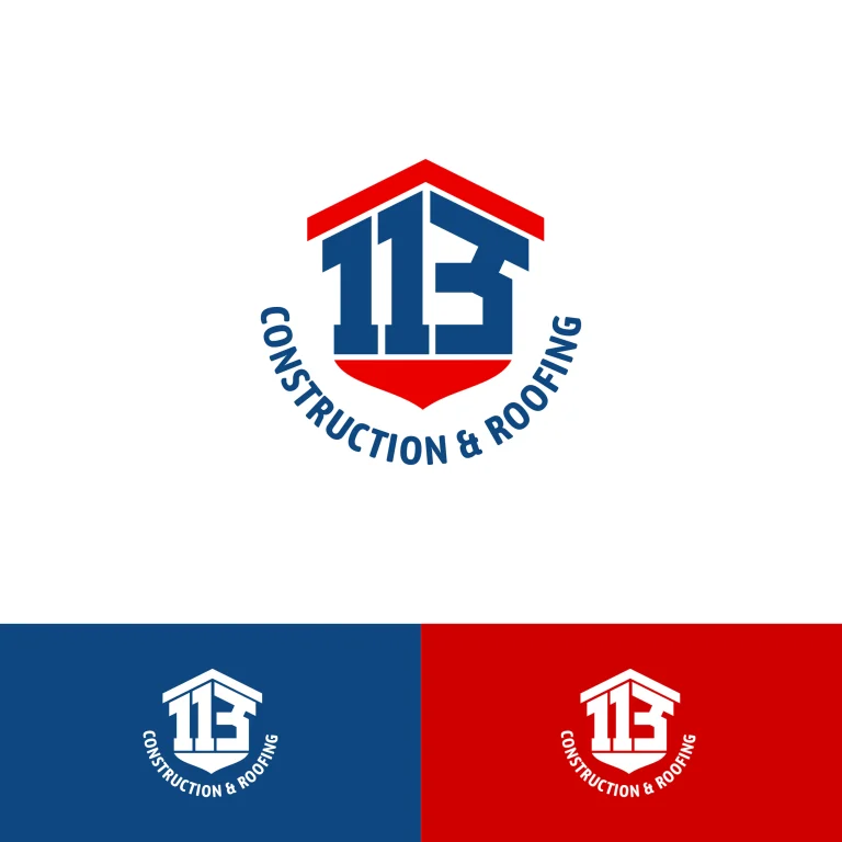 Графично лого с числото 113, оформено като къща с покрив, и надпис Construction & Roofing в синьо и червено.