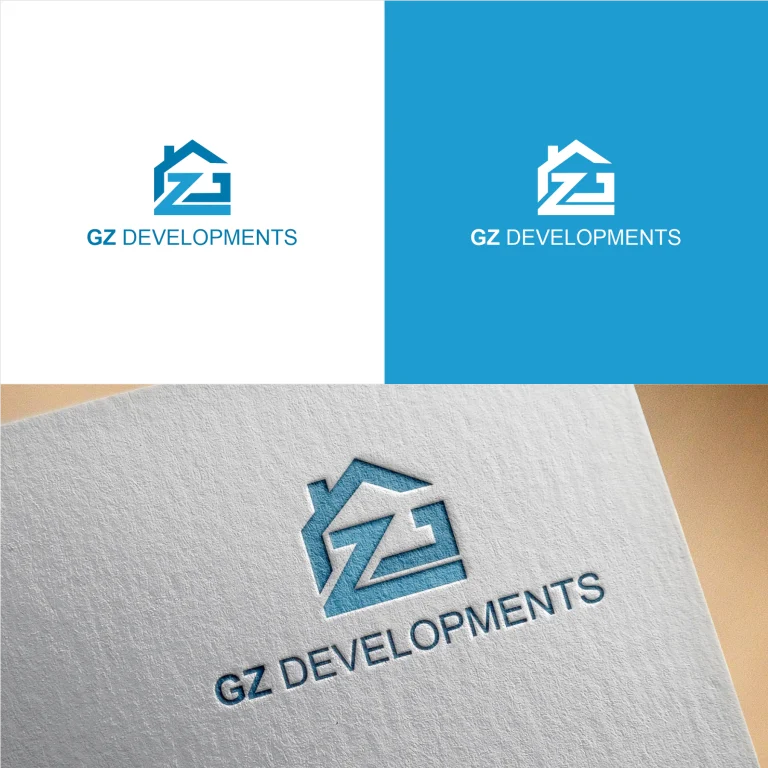Графичен дизайн на лого с къща и буквите GZ, представено върху бял фон и като релефен отпечатък върху хартия.