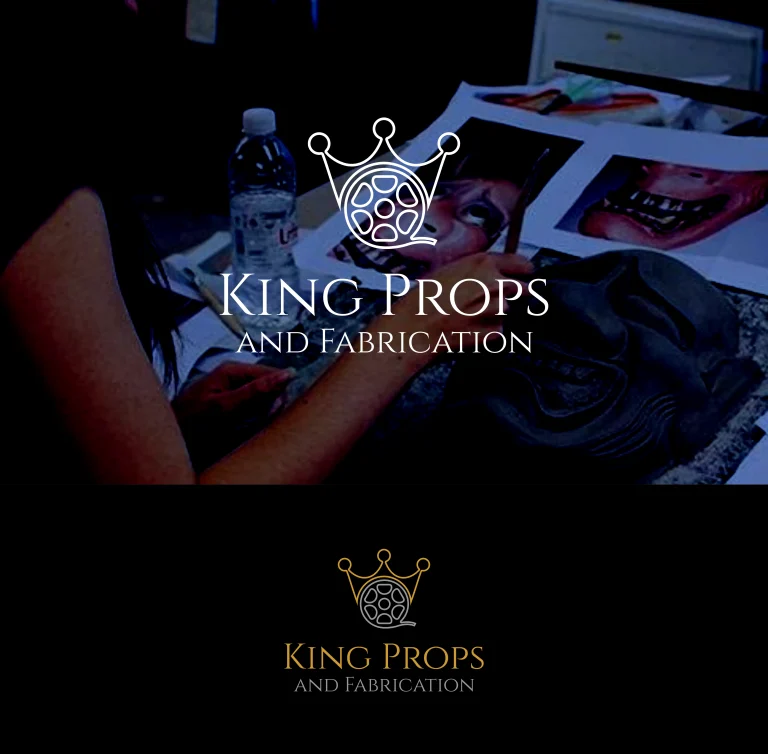 Лого на King Props and Fabrication с икона на корона от филмова ролка върху тъмен фон и снимка на работен процес.