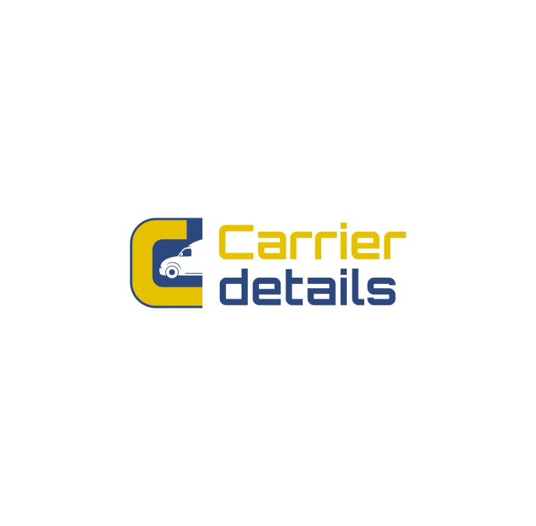 Графично лого с буквата C, включващо силует на камион и надпис Carrier details в жълто и тъмносиньо.