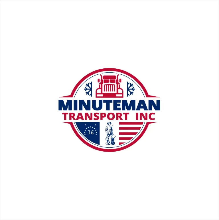 Кръгло лого на Minuteman Transport Inc с илюстрация на камион, снежинки, фигура на войник и елементи от американското знаме.
