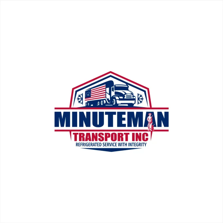 Графично лого на Minuteman Transport Inc с илюстрация на камион, американско знаме и силует на войник в щитовидна рамка.