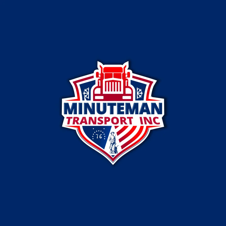 Графично лого на Minuteman Transport Inc с икона на камион, щит и фигура на войник върху тъмносин фон.