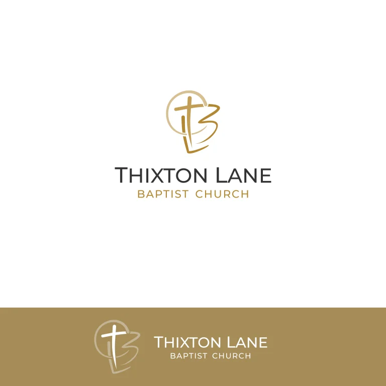 Графичен дизайн на лого с кръст и стилизирани букви за Thixton Lane Baptist Church върху бял и златист фон.
