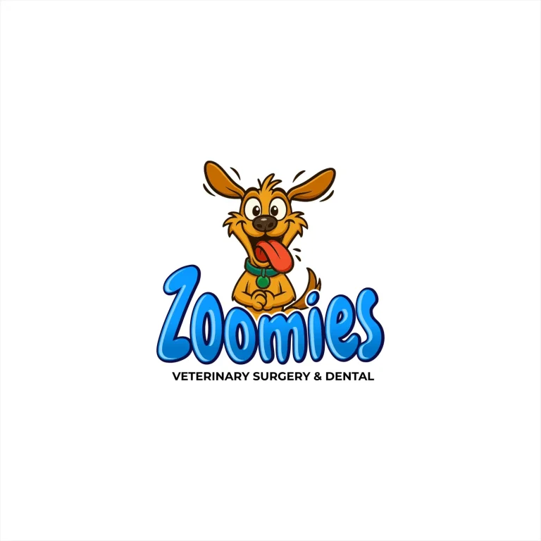 Цветно лого с илюстрация на щастливо куче и надпис Zoomies за ветеринарна клиника.