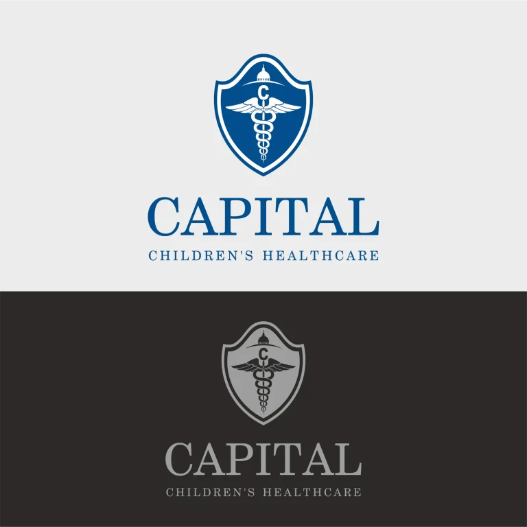 Графичен дизайн на лого с щит, кадуцей и купол, включващо надпис CAPITAL CHILDREN'S HEALTHCARE в две цветови вариации.