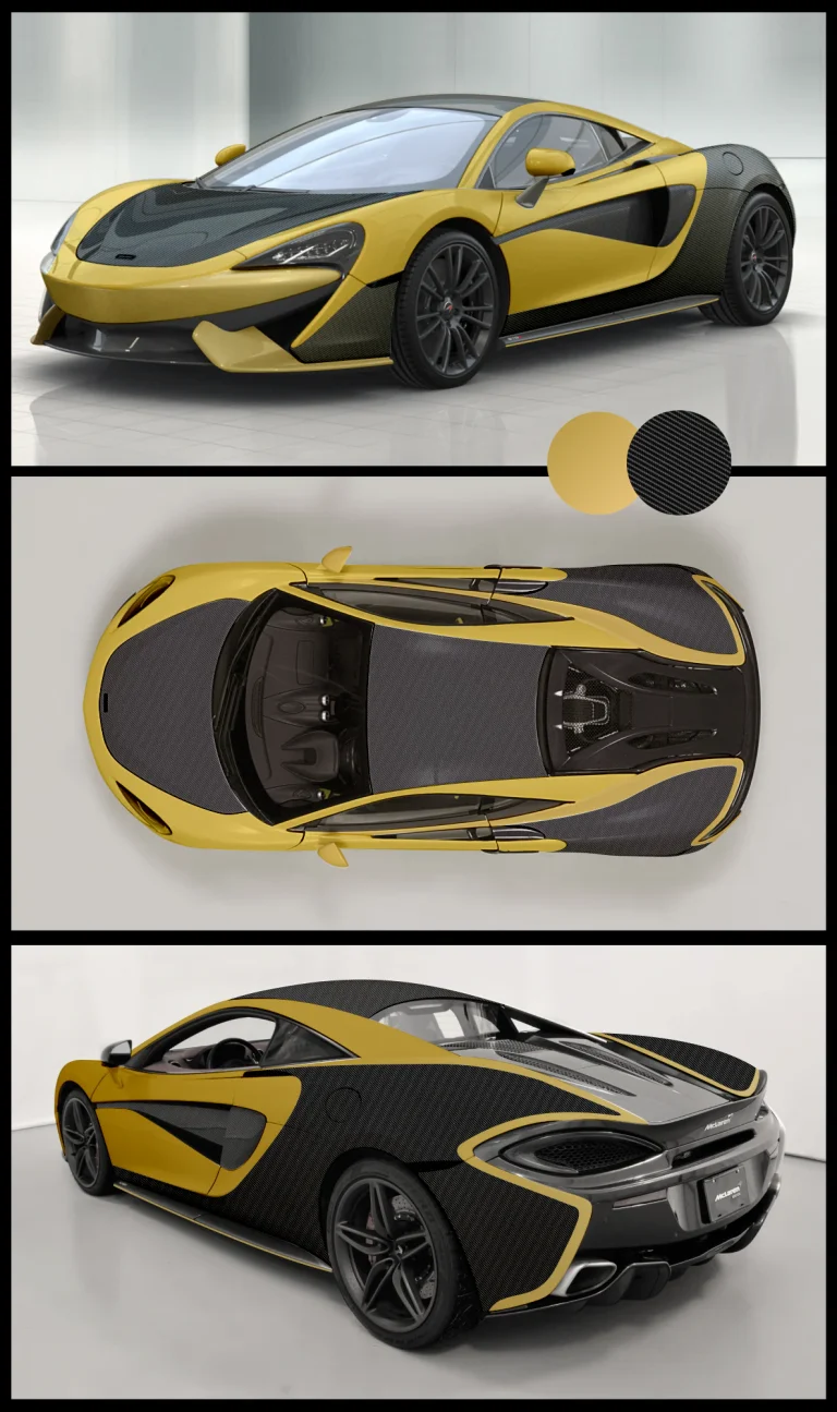 Триизмерна визуализация на спортен автомобил McLaren в жълто с акценти от карбонови елементи в различни изгледи.