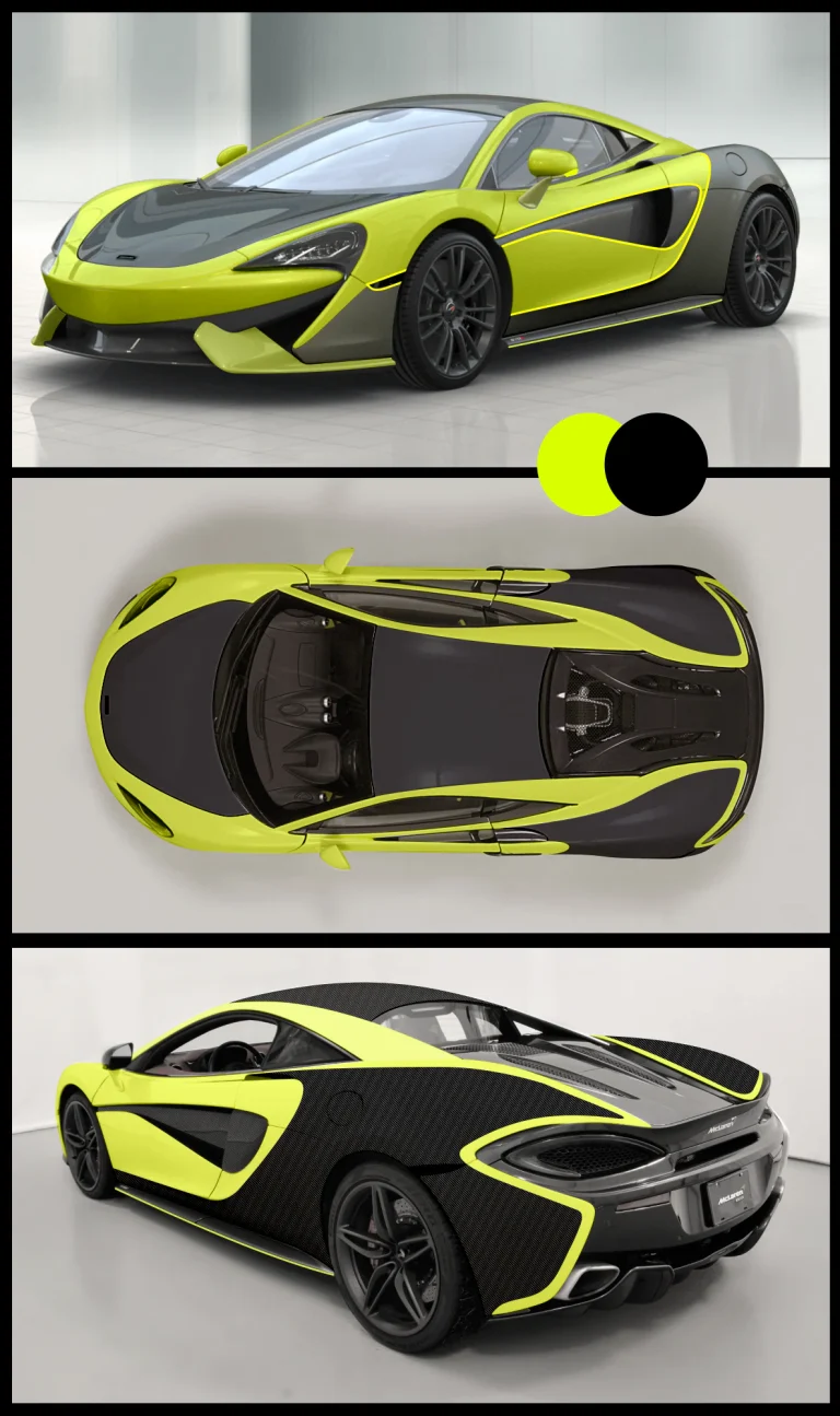 Триизмерна визуализация на спортен автомобил McLaren в жълто и черно с детайли от карбонови елементи.