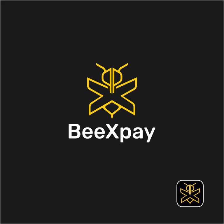 Минималистично лого с жълт контурен символ на пчела и надпис BeeXpay на черен фон.