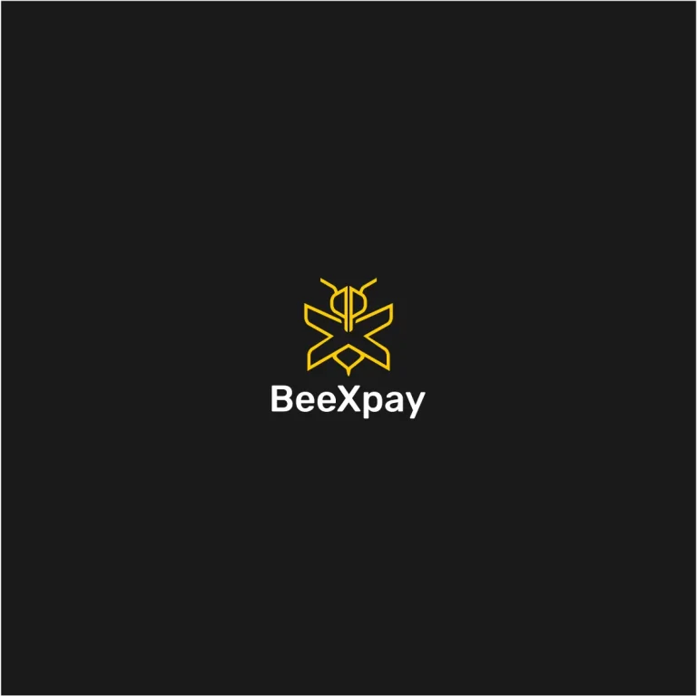 Минималистично лого с контурна икона на пчела в жълто и надпис BeeXpay върху тъмен фон.