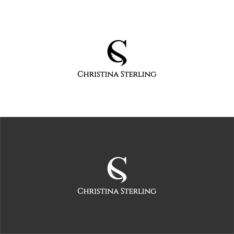 Минималистично лого с монограм S и изписано име Christina Sterling в черен и бял вариант на контрастни фонове.
