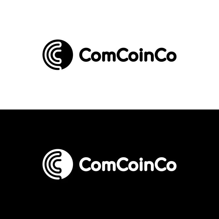 Минималистично лого с буквата С в кръг и надпис ComCoinCo, представено в черно-бял и бяло-черен вариант.