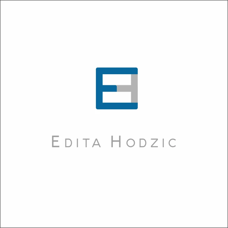 Минималистично лого с буквата Е, съставена от сини и сиви геометрични елементи, под която е изписано името Edita Hodzic.