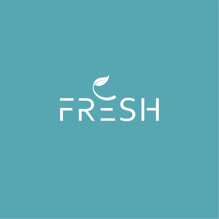 Минималистично лого с бял надпис FRESH и стилизиран листен елемент върху плътен тюркоазен фон.