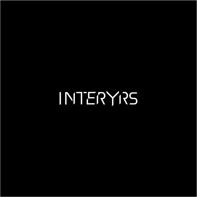 Бял надпис INTERYRS със стилизиран шрифт върху изчистен черен фон.