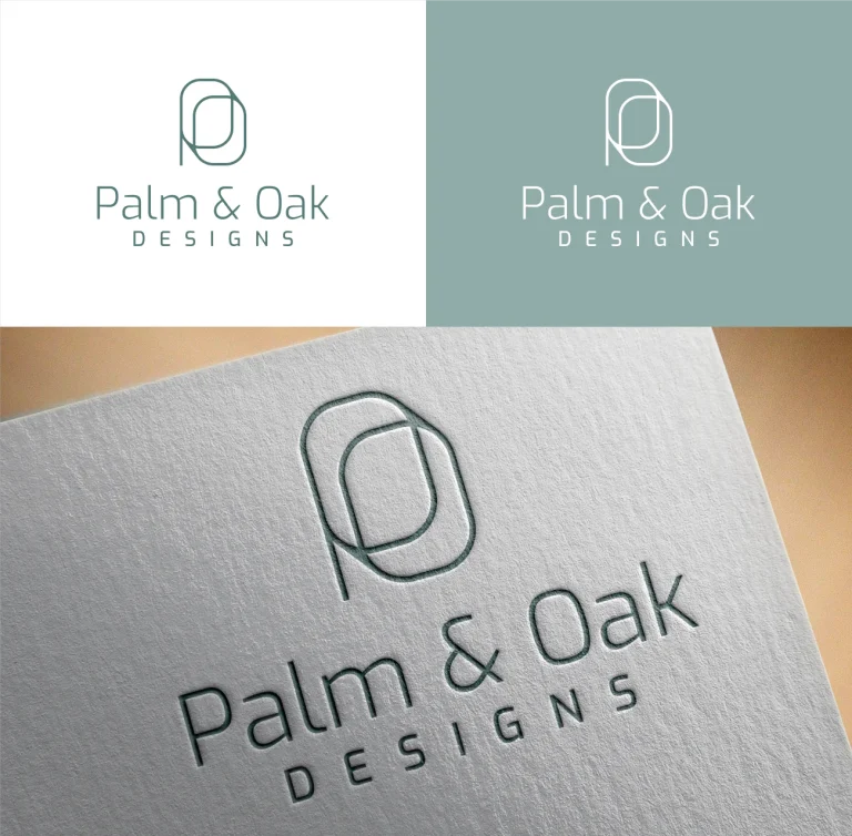 Минималистично лого с монограм и типография Palm & Oak Designs, представено върху бял фон и като релефен отпечатък върху хартия.