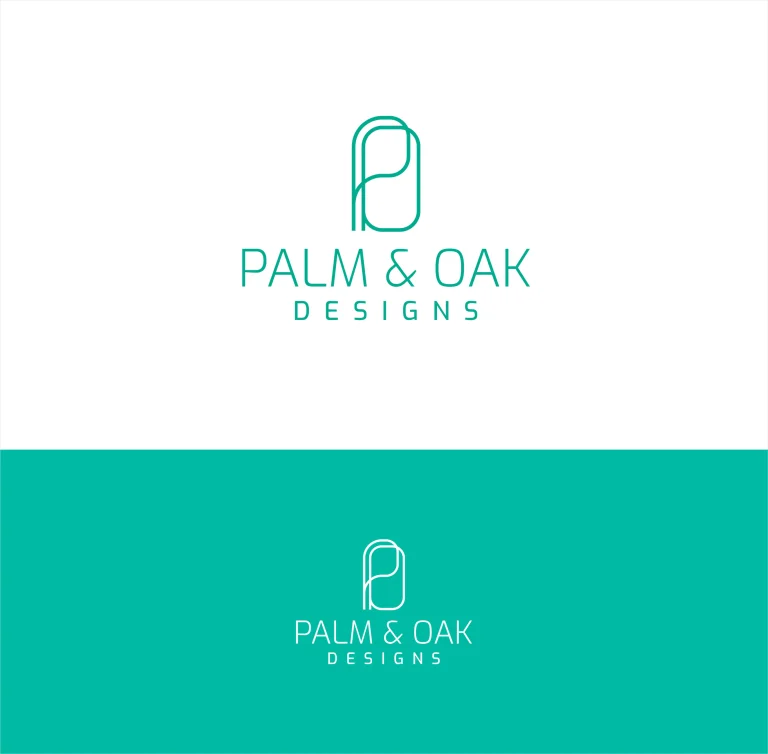 Минималистично лого с линейна графика на буквата P и надпис Palm & Oak Designs в два цветови варианта.