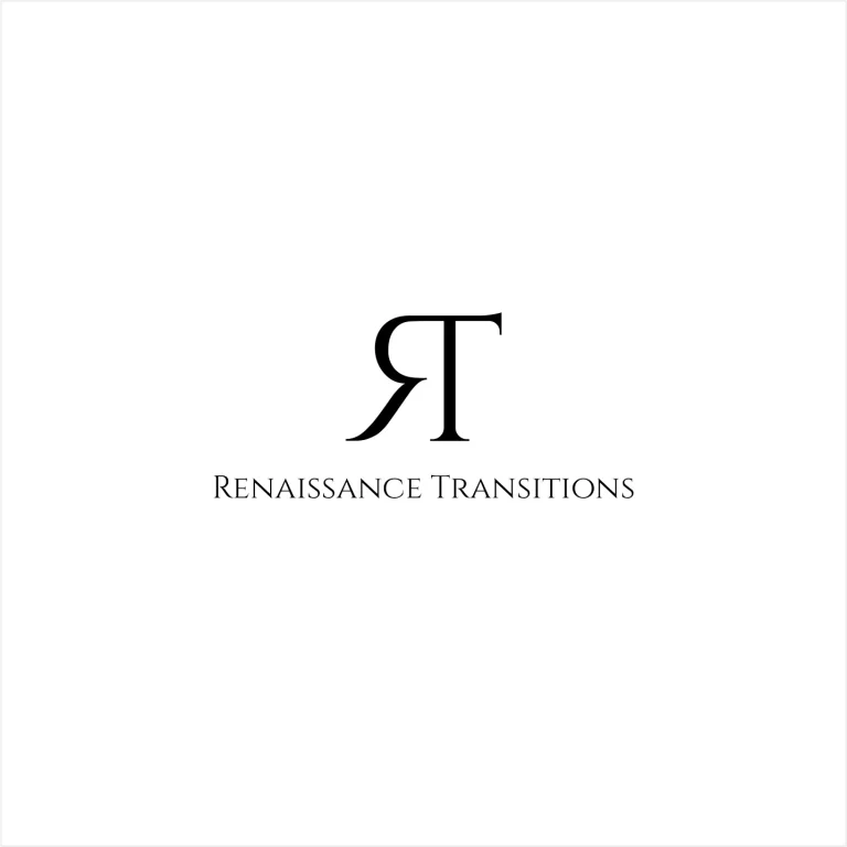 Минималистично лого с обърната буква Я и буква Т, придружено от надпис RENAISSANCE TRANSITIONS на бял фон.