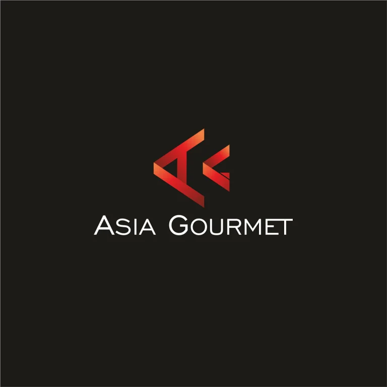Минималистично лого с абстрактен червено-оранжев символ и изписано име ASIA GOURMET върху тъмен фон.