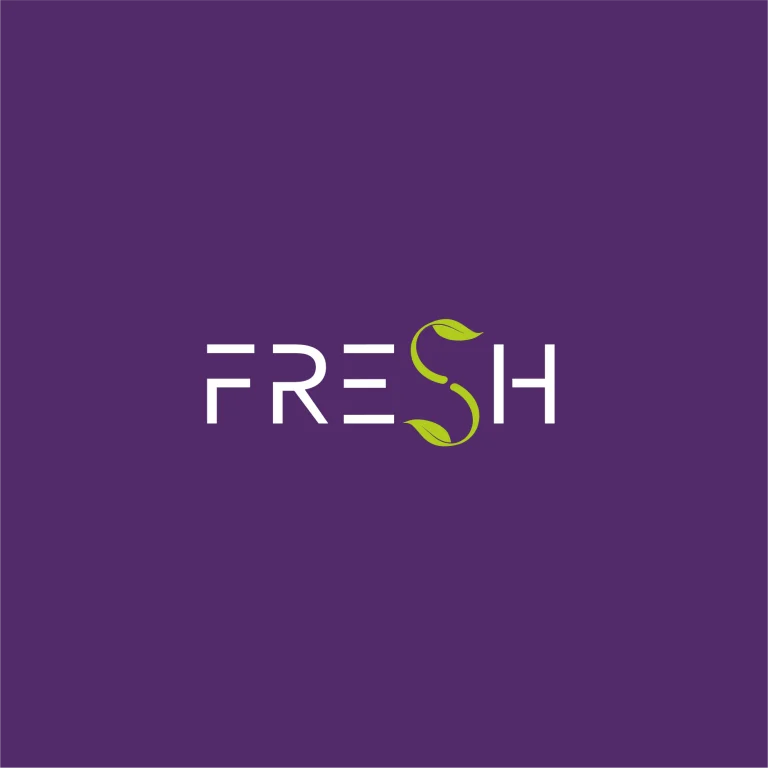 Графичен дизайн на логото FRESH с бял шрифт върху лилав фон, където буквата S е стилизирана като зелено листо.
