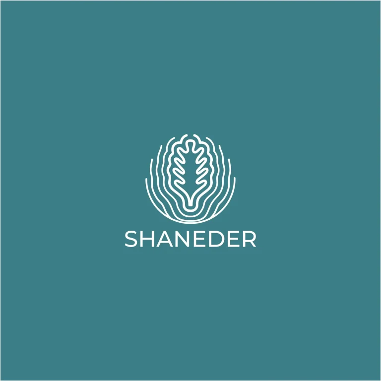Минималистично бяло лого с графичен символ на листо и надпис SHANEDER върху плътен тюркоазен фон.