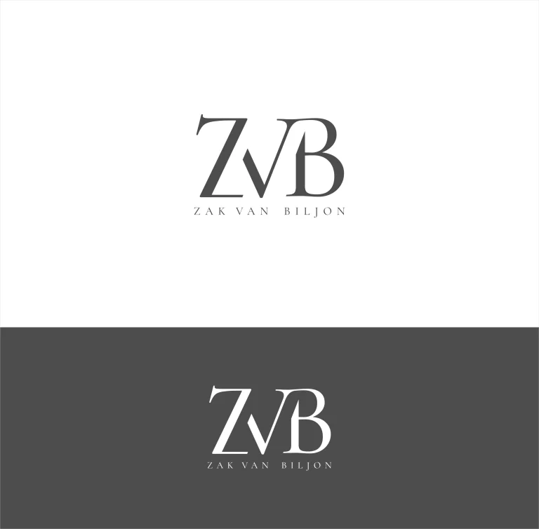 Минималистично лого с монограм ZVB и изписано име Zak Van Biljon, представено в черно-бял и инвертиран вариант.